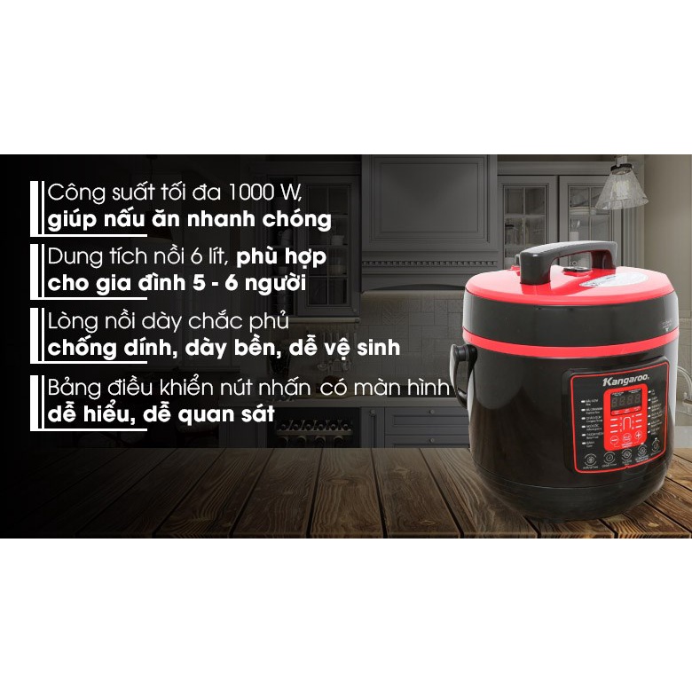 Nồi áp suất Kangaroo KG6P2  , Dung tích 6 lít, 1000W, Bảo hành 12 tháng - Smarthome97