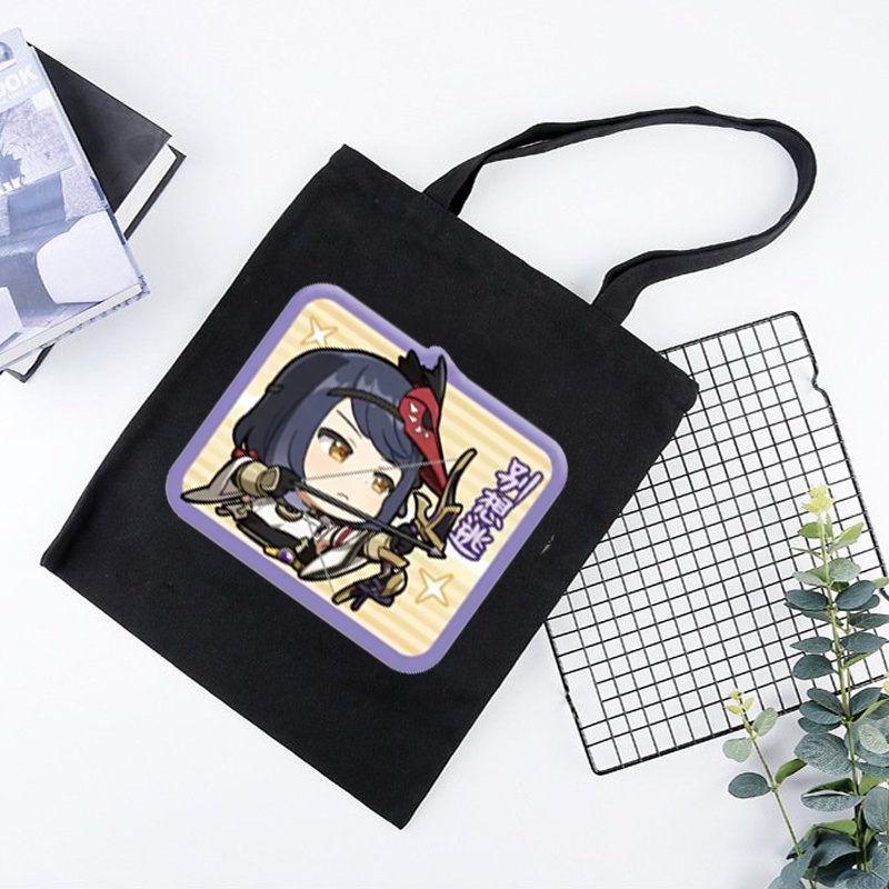 Túi tote vải đen trắng in hình GENSHIN IMPACT ver CHỮ NHẬT CHIBI game anime chibi tiện lợi thời trang đeo vai