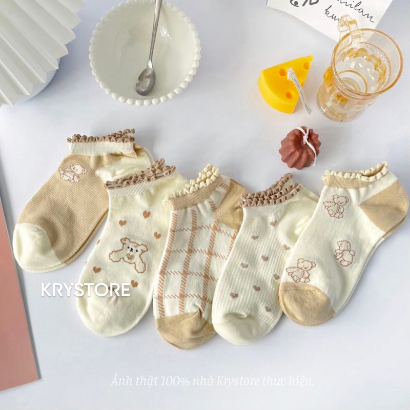 Set 5 đôi tất nữ ngắn cổ gấu nâu viền ren SN11