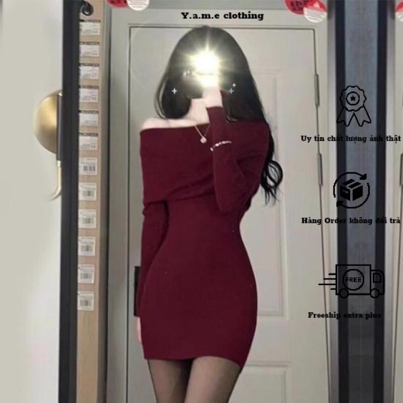 Váy len body trễ vai bản to dài tay dáng ngắn màu đen đỏ hàng quảng châu loại 1 yame clothing có bigsize