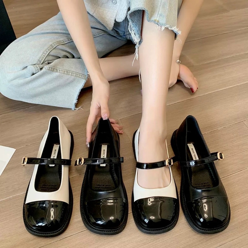 Giày bệt nữ búp bê tiểu thư da phối màu siêu bền, giầy nữ phong cách lolita đi êm chân