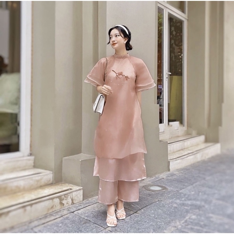 Áo dài cách Tân, áo dài hoa đào, mẫu hoa đào màu hồng tay cánh tiên-HS001
