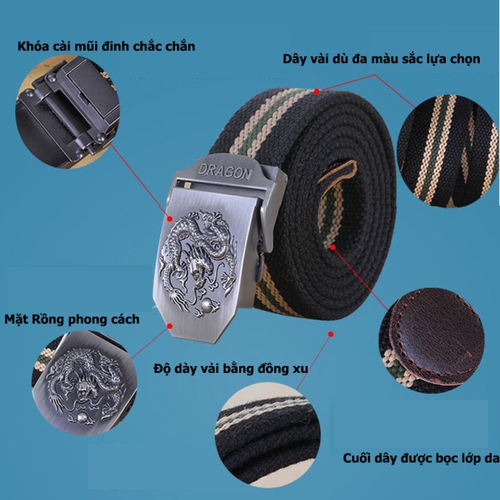 Dây Lưng Vải Bố Mặt Thép Không Ghỉ Phong Cách, Dây Nịt Lưng Nam Vải Dù Siêu Bền