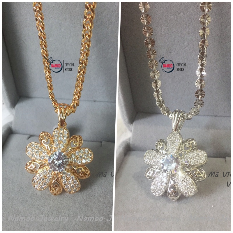 Dây Chuyền Nữ Đính Đá V1034 xi vàng và V1035 xi bạc  hoa năm cánh bản lớn đá đẹp