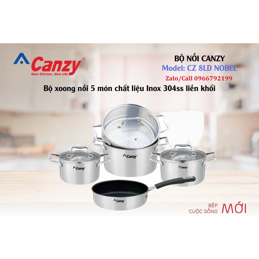 Bộ nồi cao cấp Canzy CZ 8LD NOBLE - inox 304ss đáy đúc liền khối, 5 món chuyên dụng bếp từ