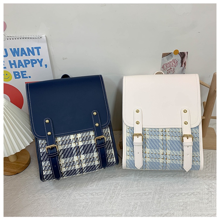 Balo Da Pu Đi Học Cho Nữ Màu Đen Trắng Xanh Phong Cách Vintage Hàn Quốc Cặp Sách Da Kẻ Hình Hộp Chữ Nhật Tiểu Thư Xinh