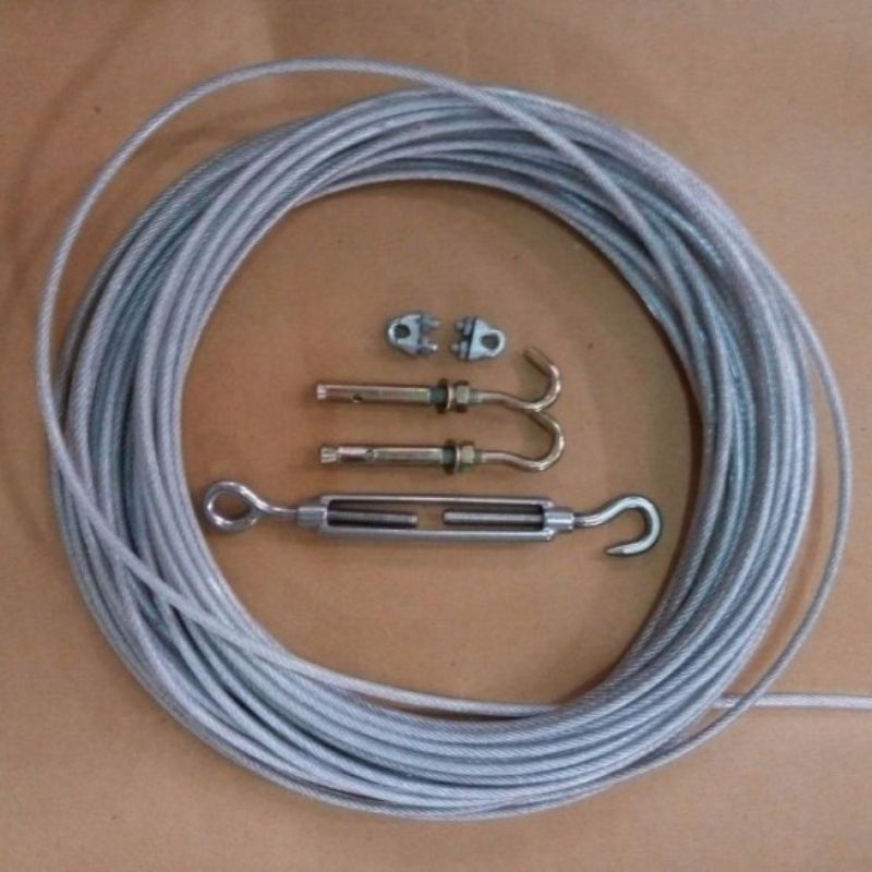 Combo dây phơi cáp bọc lụa nhựa 3mm tặng kèm 2 nở móc + 1 tăng đơ + 2 khoá cáp như hình