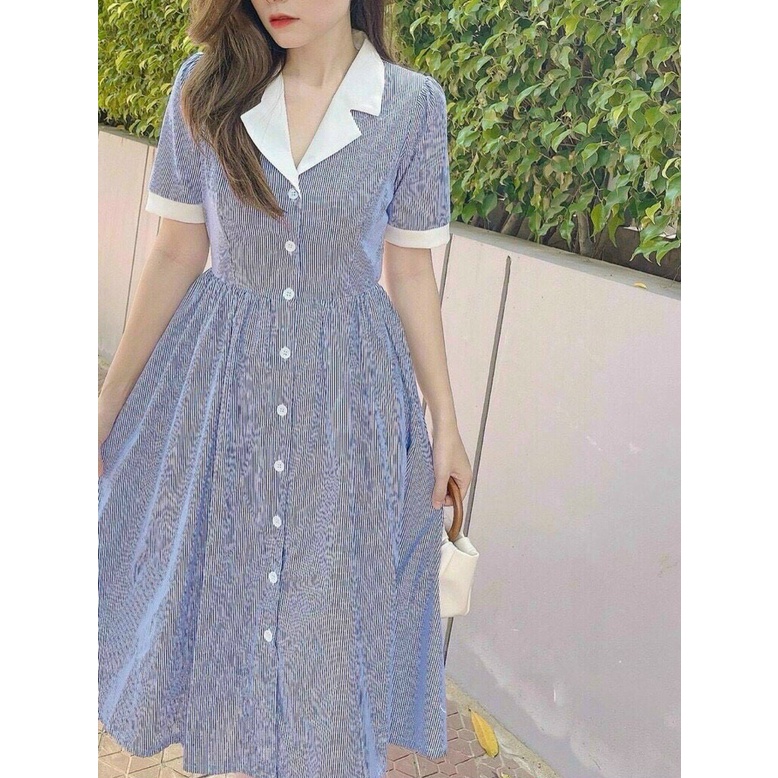 Đầm váy xòe sọc cổ vest trắng cho nữ đi làm công sở thường ngày