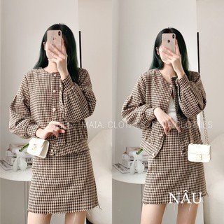 Set áo khoác ngoài kèm chân váy chữ A kẻ ziczac cài khuy ngọc Maia.clothes