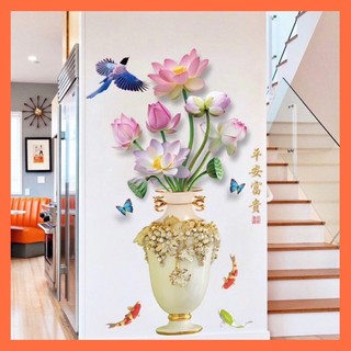 Decal dán tường trang trí phòng khách bình hoa sen