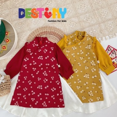 Áo dài cách tân cho bé gái Destiny Kids Áo dài cách tân hoa anh đào phối voan siêu đẹp Chất nhung tăm sang trọng mềm mai