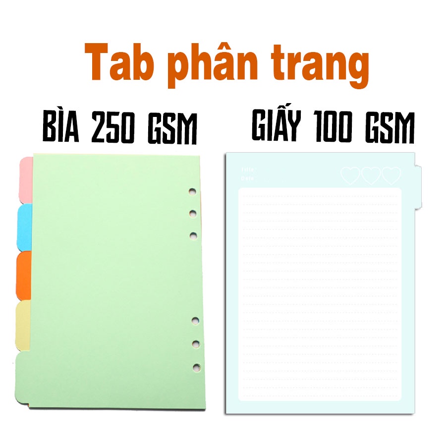 Set 10 tờ Tab phân trang ruột còng giấy 100gsm, bìa 250gsm A4 A5 B5 chia chỉ mục, ruột refill