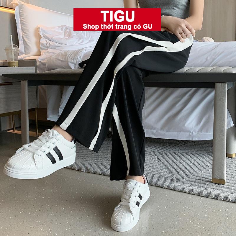 Quần ống rộng nữ TIGU thể thao sọc đen trắng quần ống suông lưng cao dáng dài có dây rút M884