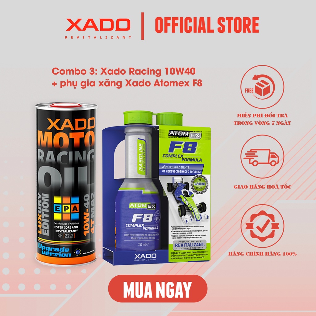 Combo nhớt nhập khẩu siêu cao cấp XADO luxury moto racing v3 4t ma2 10w40 upgrade version + Phụ gia xăng Xado Atomex F8
