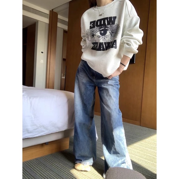 Áo sweater nỉ xám in hình