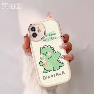 Ốp Điện Thoại Silicon Hình Khủng Long Uống Trà Sữa Dễ Thương Cho iPhone 14 13 12 11 Pro Max X XS XR 6 7 8 plus se2 se3