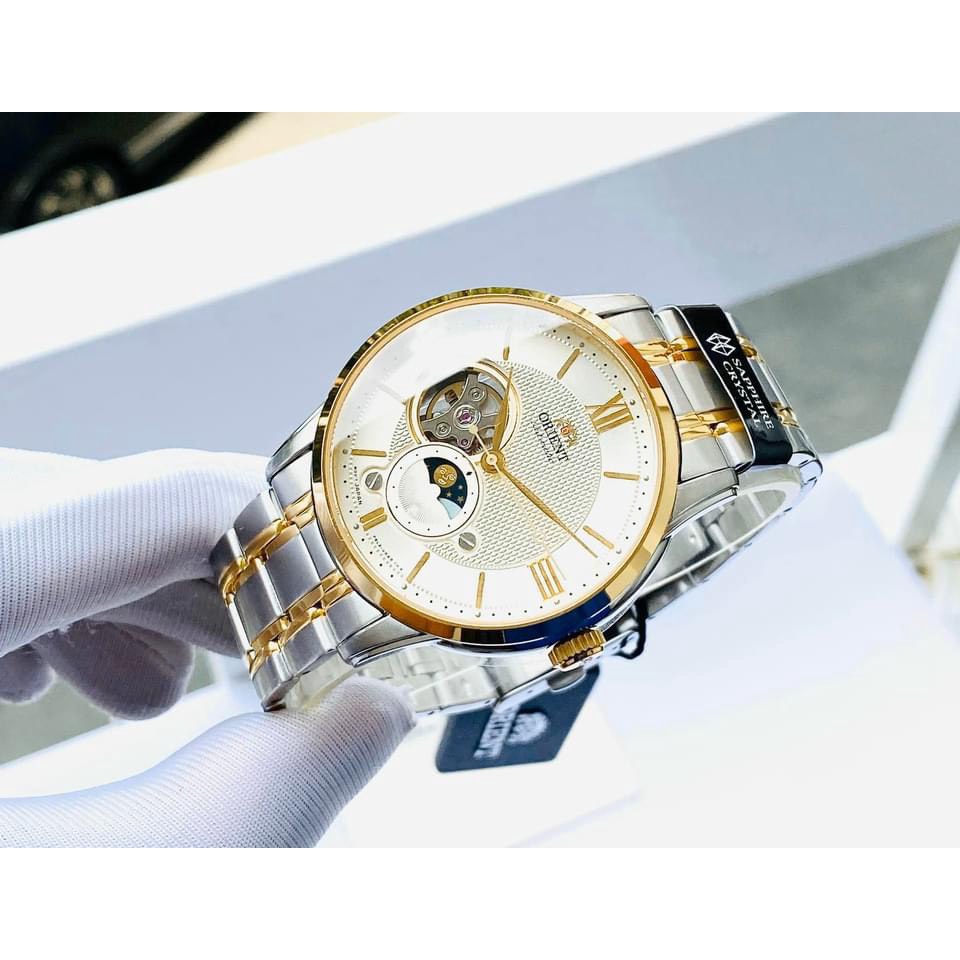 Đồng hồ Nam chính hãng Orient Sun Moon 4 RA-AS0007S10B Size 42,Demi vàng-Máy cơ tự động-Dây kim loại thép cao cấp