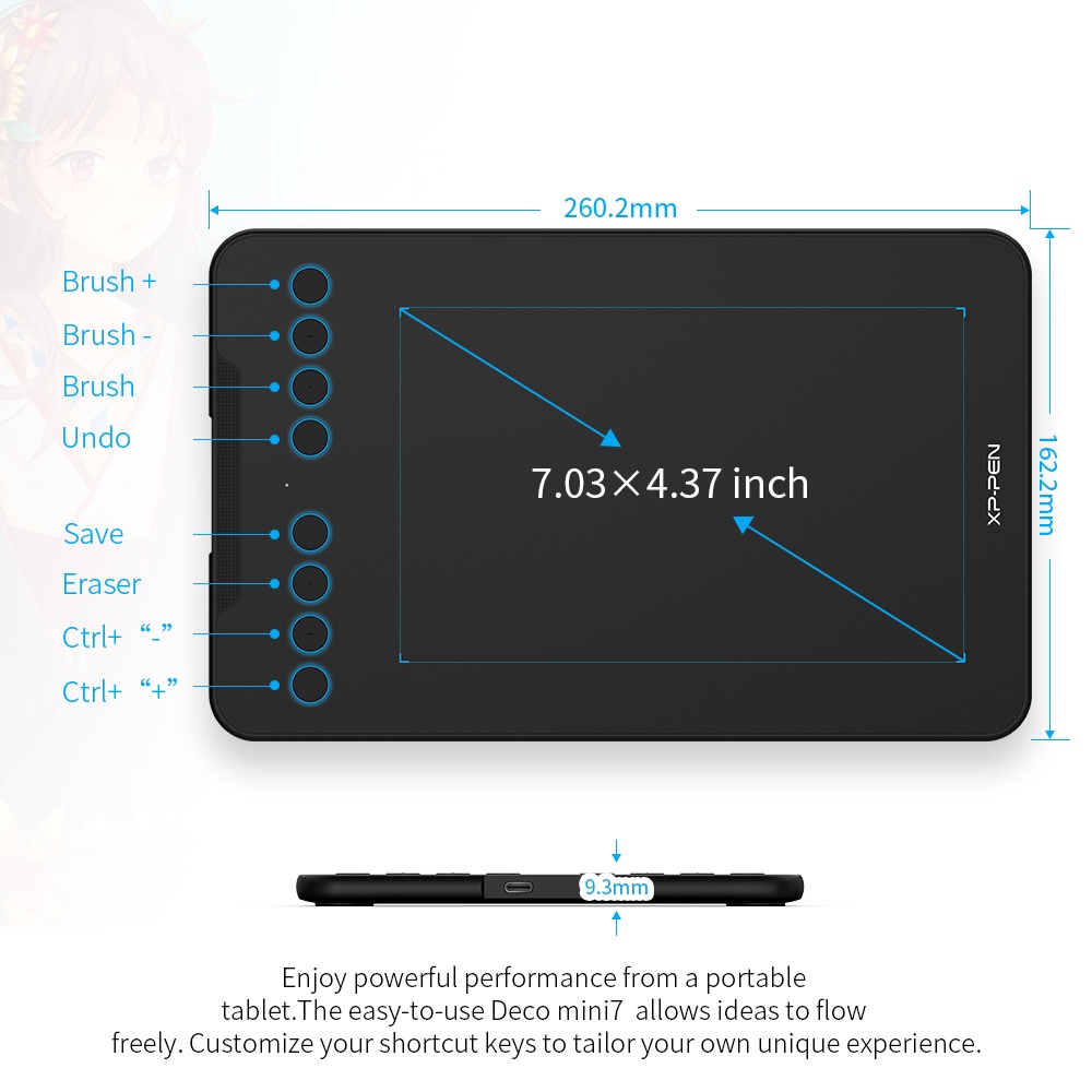 Bảng vẽ điện tử XPPen Deco mini7 7inch có chức năng nghiêng với bút không dùng pin 8192 mức áp lực hỗ trợ Android/ laptop/ PC