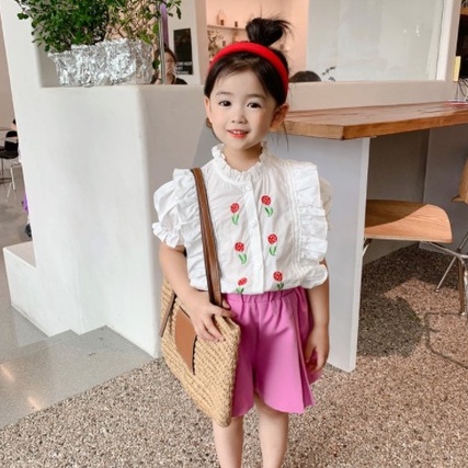 Babyfair. Bộ Áo Sơ Mi Tay Ngắn Phồng + Quần Short Thời Trang Mùa Hè Cho Bé Gái