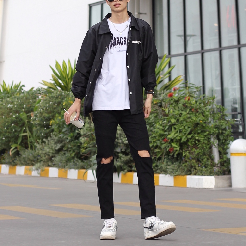 Quần jean nam rách gối vuông chất bò denim màu đen co giãn cực tốt ngầu dáng slimfit skinny đẹp giá rẻ chuyensiluxury