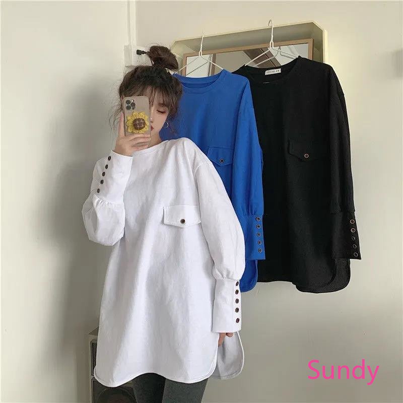 Plus Áo Thun Tay Dài Cổ Tròn Dáng Rộng Thời Trang Mùa Thu Phong Cách Hàn Quốc Cho Nữ Có Size Lớn