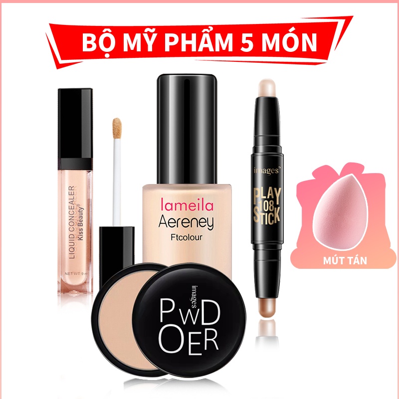 Bộ trang điểm món cơ bản-Kem nền BB+ Kem che khuyết điểm + Bronzer,Contour & Highlighter+Phấn nền+mút tán URBXXM-T5