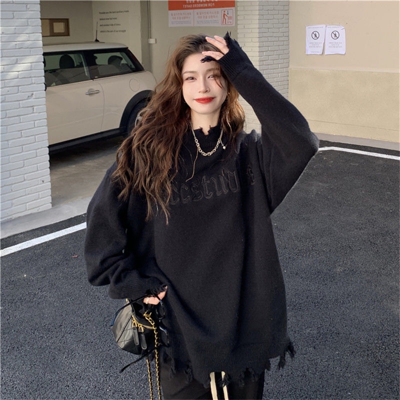 Jiashucheng Áo Sweater Cổ Lọ Dáng Rộng Thiết Kế Rách Phong Cách Mới Ngọt Ngào Cho Nữ