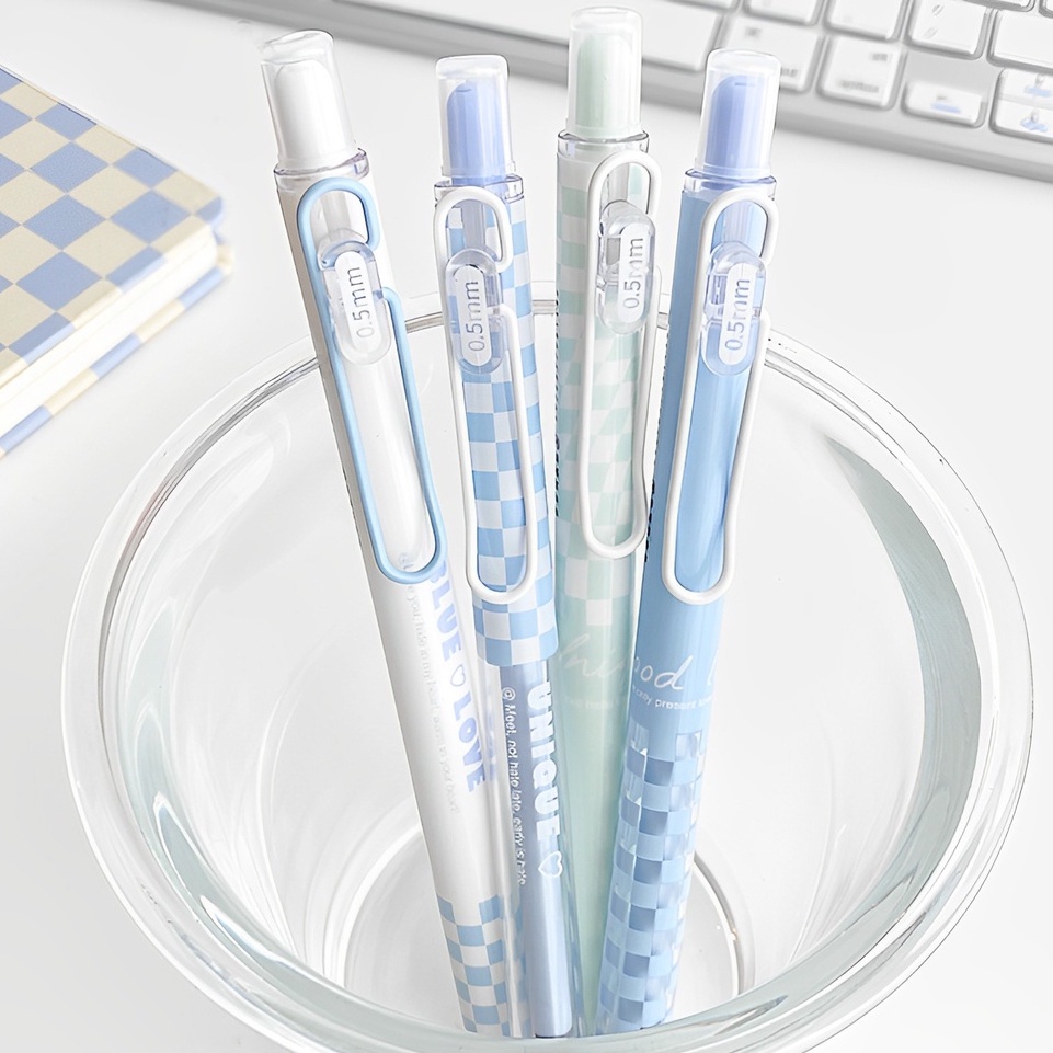Bút bi bấm Mura Blue Love nắp cài sắt bấm nút ngòi mực 0.5mm họa tiết caro cho học sinh