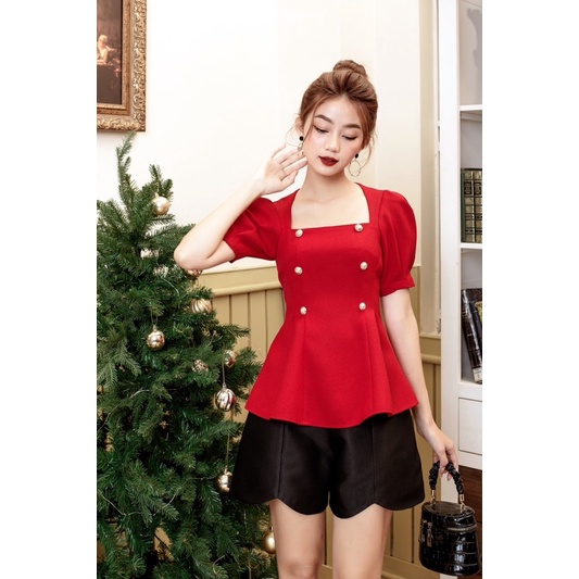 Áo kiểu cổ vuông CHARMO đính nút vải bố Ruffle Button Top