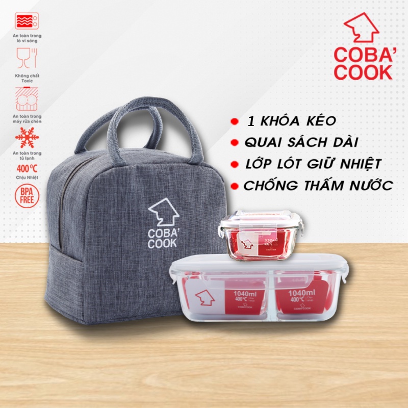 Bộ 2 Hộp Cơm Thủy Tinh COBACOOK Hộp 3 Ngăn 1040ml Hộp 320ml Kèm Túi Giữ Nhiệt- CCL1NS32BB