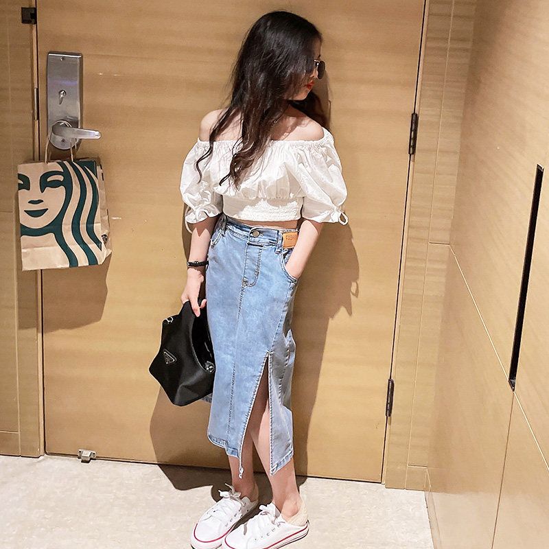 Set Áo Thun Tay Ngắn + Chân Váy Denim Phong Cách Mùa Hè Mới Cho Bé Gái 3-5 - 8-10 - 12-13 Tuổi/083