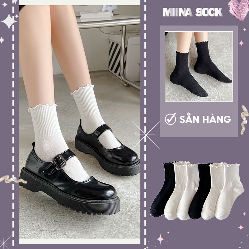 Tất Nữ Lolita len tăm đơn giản hai màu đen trắng dễ phối đồ vớ Lolita Mary Jane - Miita tất T11
