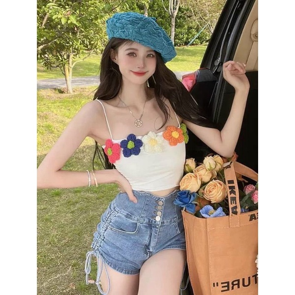 Áo Ống Croptop alohashop91 Thun Gân Đính Hoa Hồng Cổ Điển Rạng Rỡ