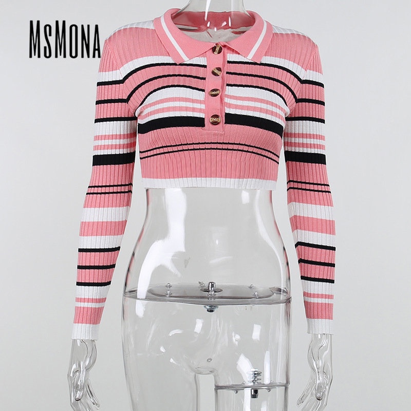 MsMona Áo Thun Polo Dệt Kim Tay Dài Dáng Ôm Họa Tiết Kẻ Sọc Màu Tương Phản Thời Trang 2022 Cho Nữ