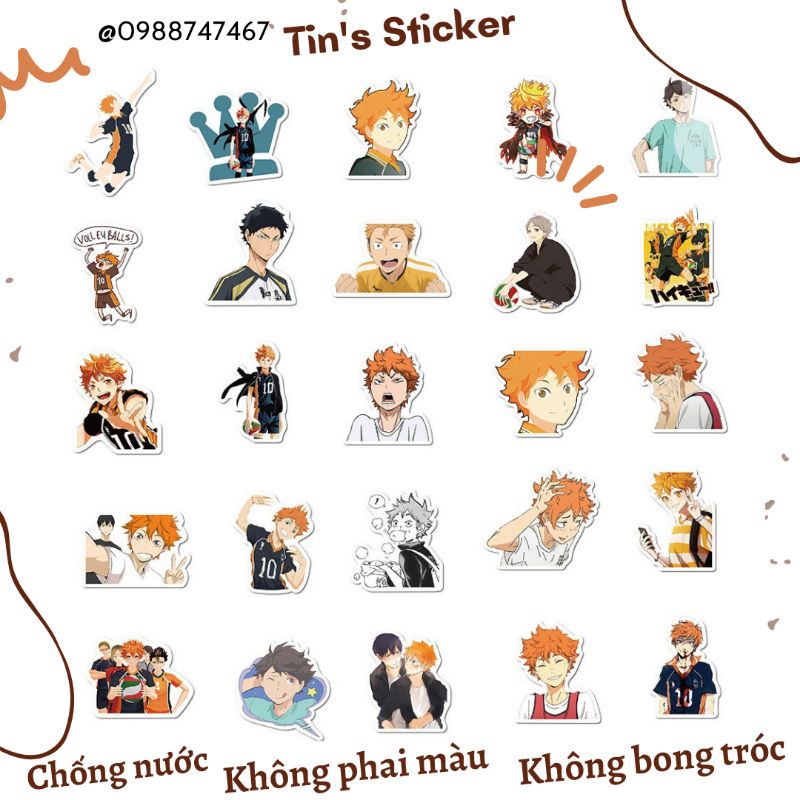 Set combo 50 miếng dán sticker hoạt hình anime Vua bóng chuyền Haikyuu chống thấm nước dán nón mũ bảo hiểm laptop vali