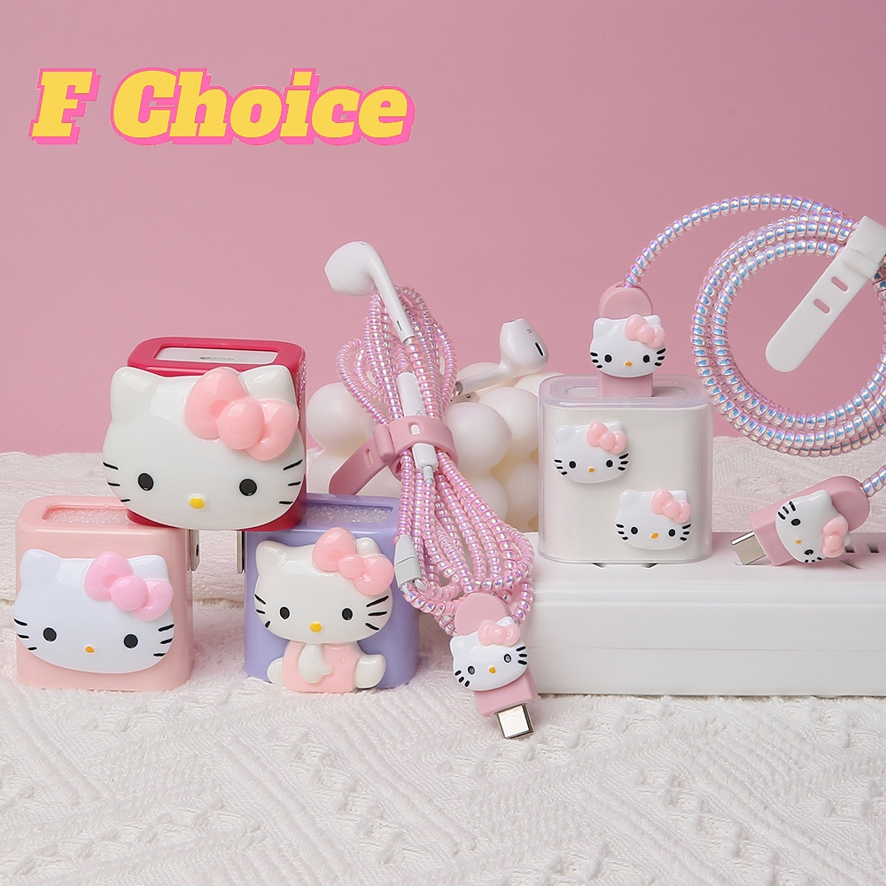 Bộ 7 Phụ Kiện Bảo Vệ Đầu Dây Cáp Sạc Iphone 18W / 20W Hình Mèo Hello Kitty Đáng Yêu