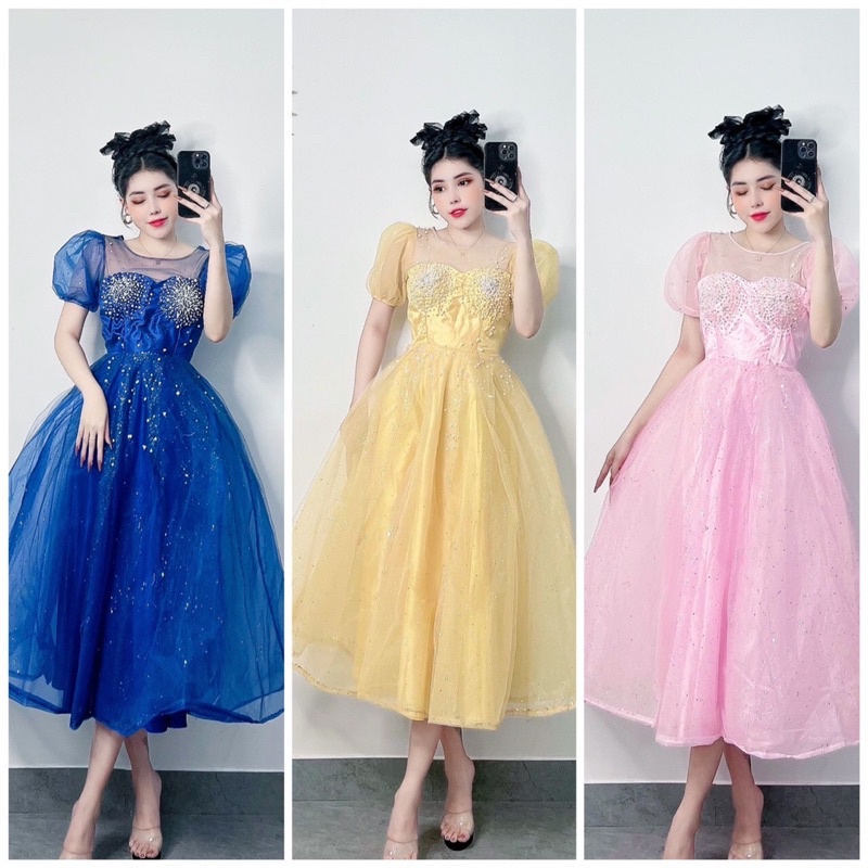 MS1353Y ĐẦM CÔNG CHÚA KIM TUYẾN XOÈ PHỒNG ĐÍNH NGỌC TRAI full size S/M/L/XL