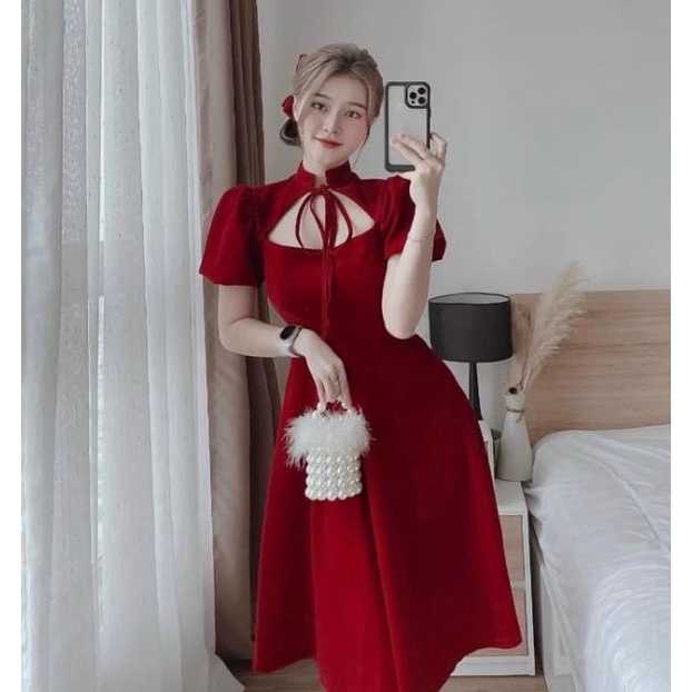 Váy đầm nữ dài thắt yếm nơ cổ siêu xinh chất liệu nhung cứng, đầm thiết kế cao cấp đi dự tiệc