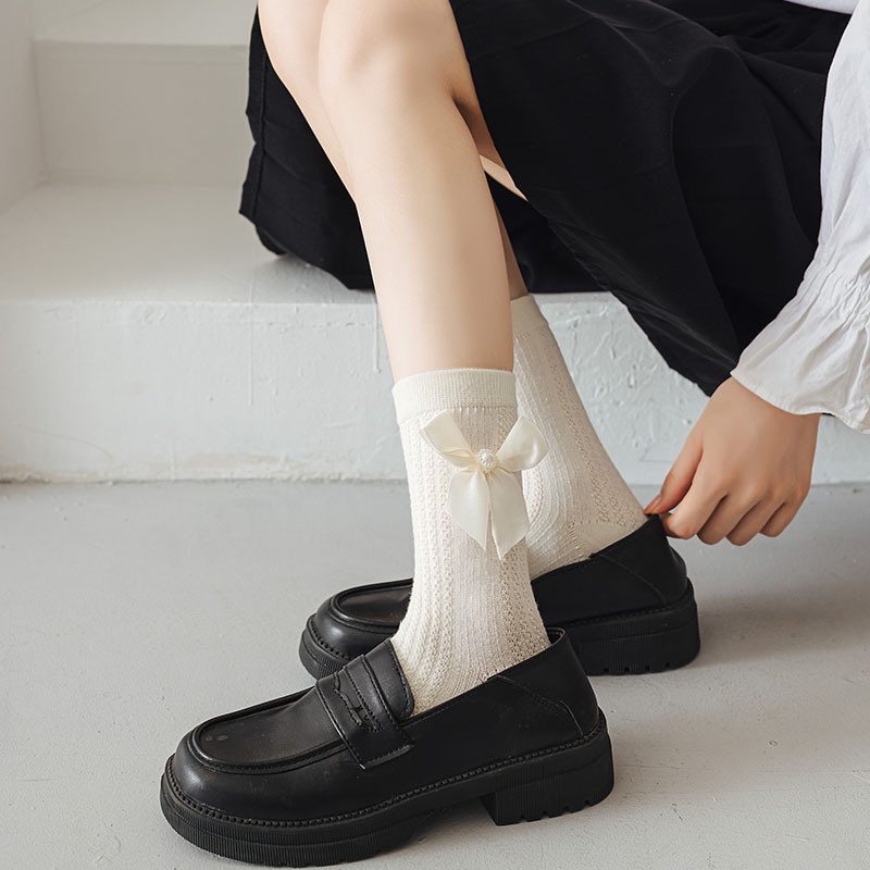 Vớ Trắng Đính Nơ Ngọc Trai Ngọt Ngào Dễ Thương Phong Cách Nhật Bản Cho Nữ