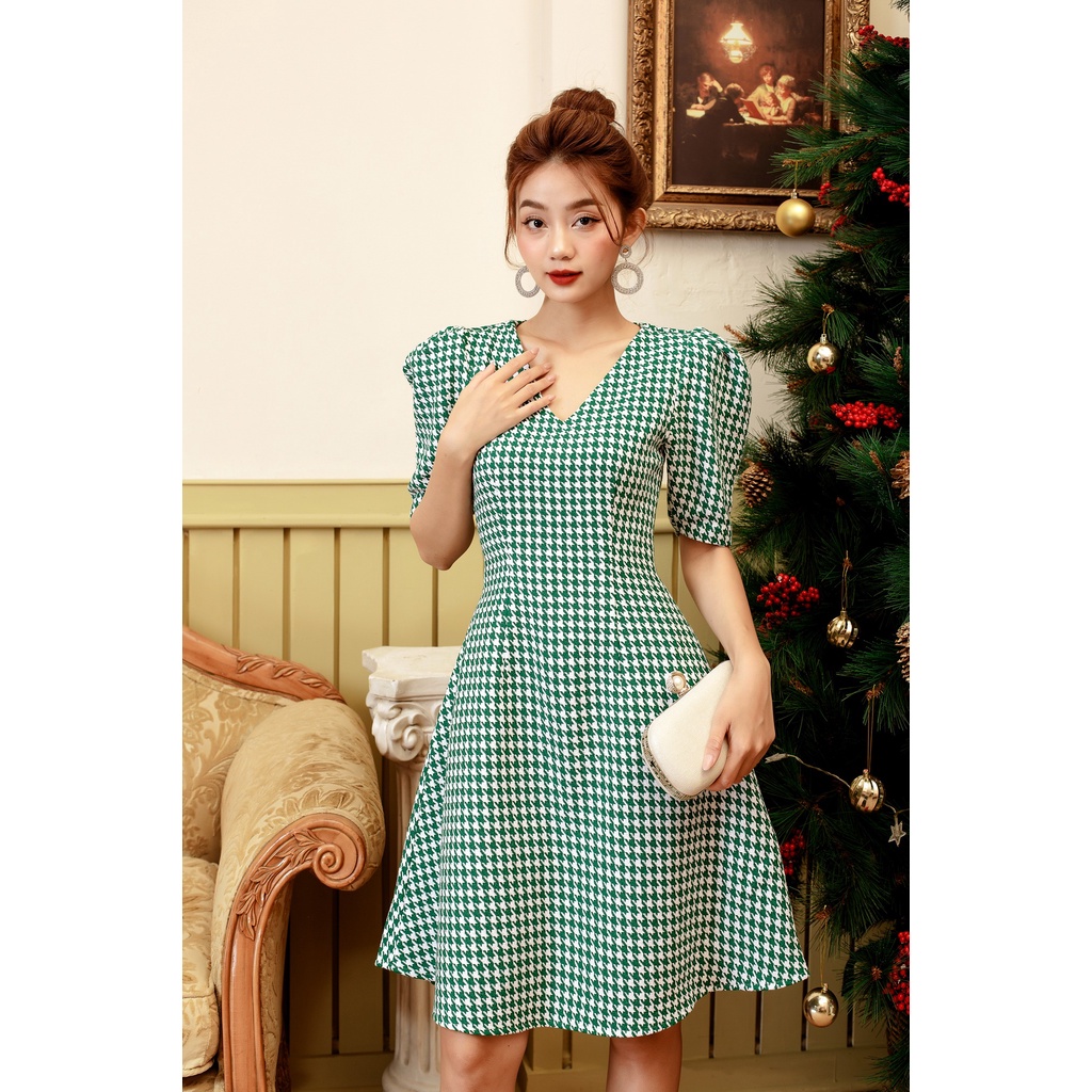 Đầm thiết kế CHARMO cổ V tay phồng dáng xòe Vneck Ziczac Dress