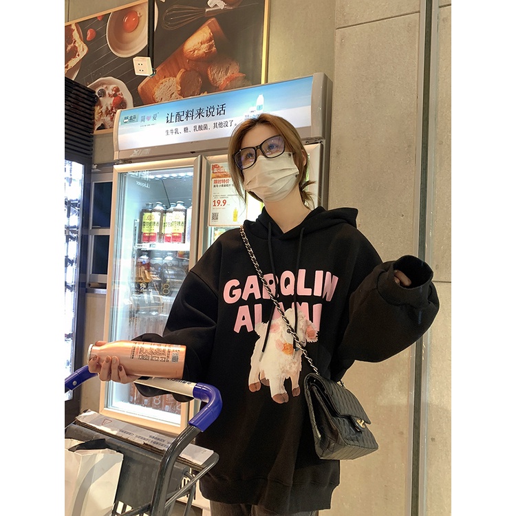 Áo hoodie Lông Cừu Chui Đầu Cổ Tròn Dáng Rộng In Hình Dễ Thương