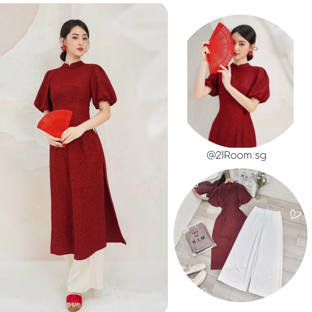 Set Áo Dài Gấm Đỏ + Quần Suông Lụa Siêu Đẹp, Áo Dài Tết Truyền Thống 2023 Dịu Dàng Thanh Lịch