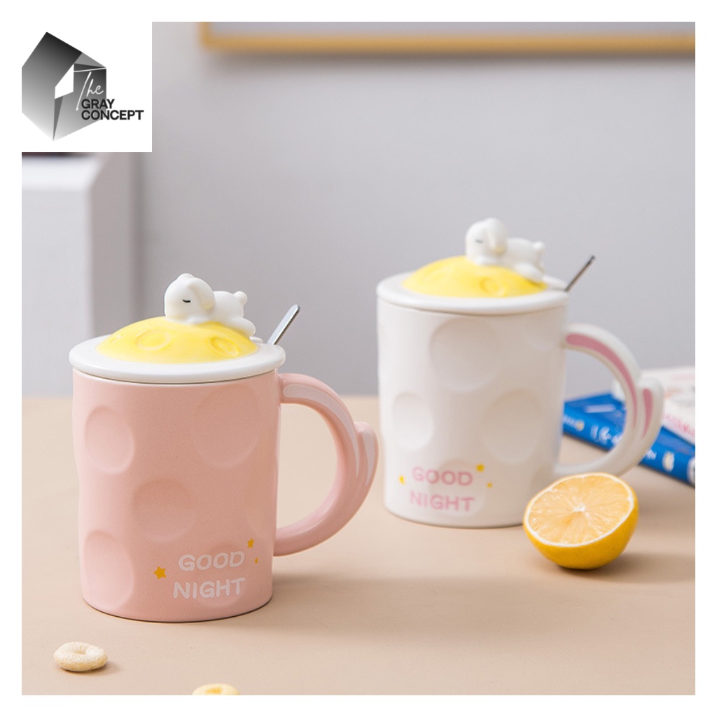 Ly sứ nắp đậy Bunny upo THE GRAY CONCEPT - Cốc sứ nắp thỏ màu pastel phong cách hàn quốc.
