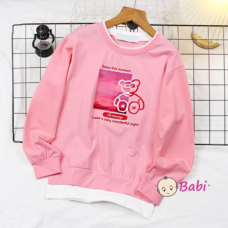 Áo thun tay dài mặc cặp mẹ và bé gái phong cách Hàn Quốc, Áo sweater tay dài phối tà cách cách điệu cho bé gái 20-62kg