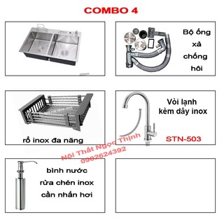 Combo chậu rửa chén inox 304 KT 82X45 có gác cài dao thớt Tặng vòi chén lạnh fi18 + rổ inox+ bộ xả chống hôi+Binh inox