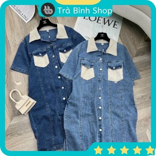 Váy bầu jean trẻ trung năng động Đầm bầu xẻ tà dáng suông Váy bò pha túi Trabinhshop