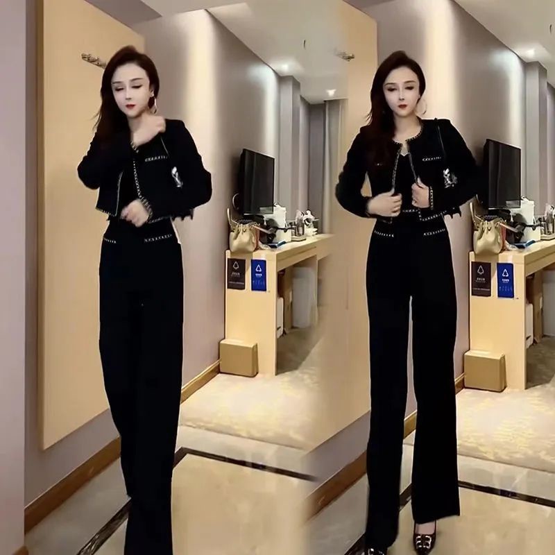 Influencer Set Áo Khoác Ngắn Phối Quần Dài Ống Rộng Thời Trang Mùa Thu Phong Cách Xiaoxiang Cao Cấp