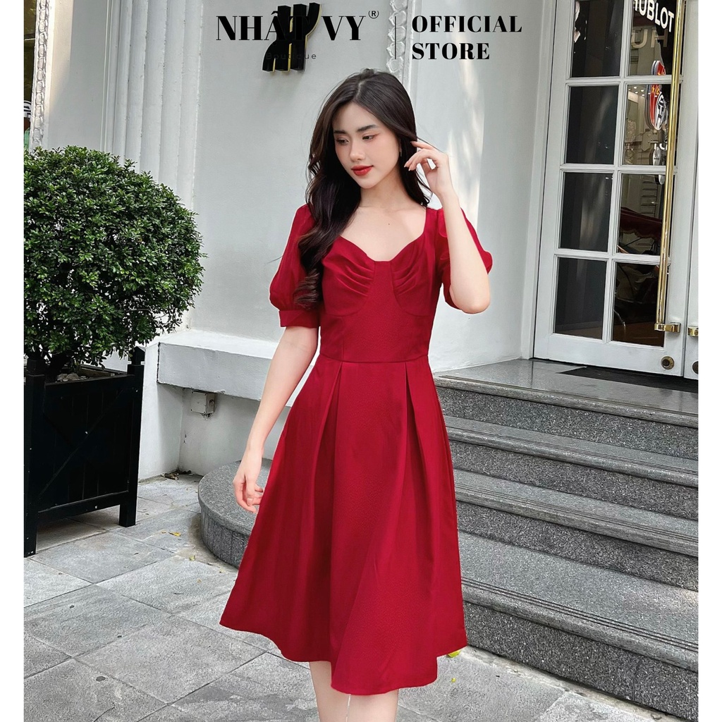 Đầm dự tiệc Nhật Vy tay phồng cổ cách điệu dáng xoè có lót ngực chất cotton phù hợp đi chơi , dạo phố - D2502