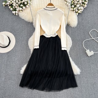 #2434 [Order] Đầm len be mix phần tà đen thanh lịch Hàn Quốc