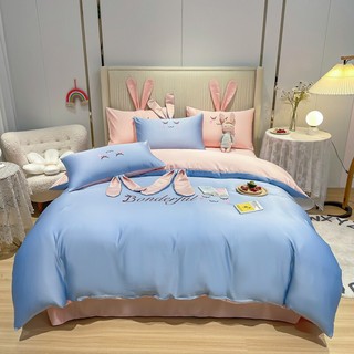 Bộ chăn ga gối phi lụa nằm mát họa tiết tai thỏ xinh cực nhiều kích thước